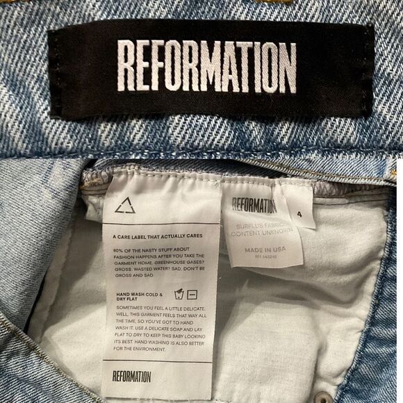 Reformation Blue Jigsaw Offset Pocket Raw Hem Denim Jean Mini Skirt 4 - Picture 6 of 7